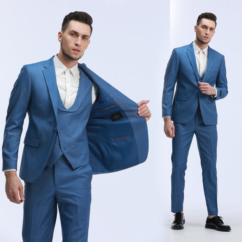 Skinny Fit Mens 3pc Suit w/ Double Breasted Vest, Blue Sharkskin